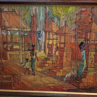 Sale Photo Thumbnail #123: Mid-Century Balinese Temple Scene Oil Painting 30"x22"