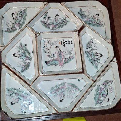 Sale Photo Thumbnail #179: Chinese Famille Rose Porcelain Nine-Piece Sweetmeat Set in Wooden Box