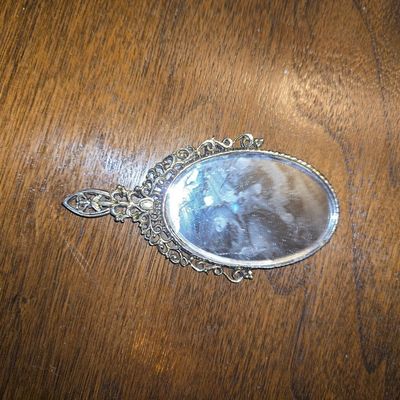Sale Photo Thumbnail #840: Vintage Ornate Filigree Hand Mirror with Blue Inlay