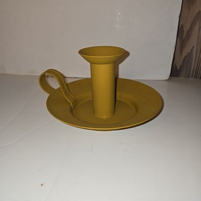 Sale Photo Thumbnail #1019: Vintage Mustard Yellow Metal Chamberstick Candle Holder