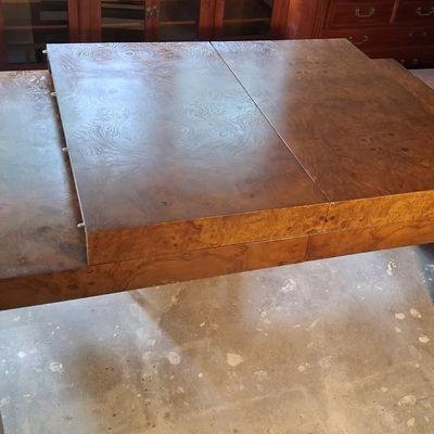 Sale Photo Thumbnail #48: Milo Baughman Style Burl Wood Parsons Dining Table 3'3"x9'2"