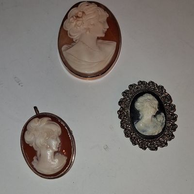 Sale Photo Thumbnail #238: Collection of Three Vintage Cameos: Shell, Shell Pendant, and Hardstone