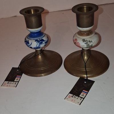 Sale Photo Thumbnail #649: Vintage Thai Brass and Porcelain Candlesticks