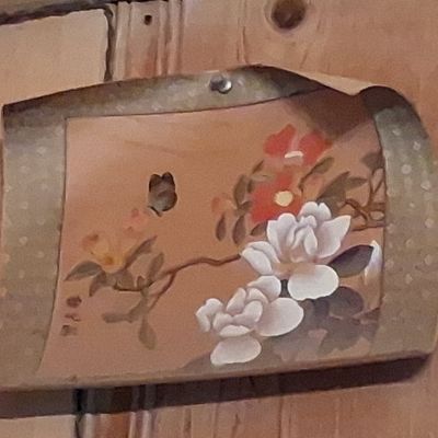 Sale Photo Thumbnail #701: Vintage Japanese Silk Painting of Flowers and Butterfly