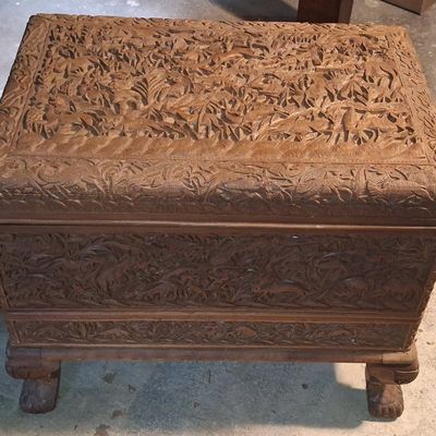 Sale Photo Thumbnail #225: Anglo-Indian Hand-Carved Tropical Wood Box 18"x12"