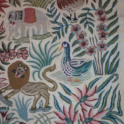Sale Photo Thumbnail #158: Vintage Hand-Embroidered Wool Rug: Jungle Animals and Floral Tapestry 47"x71"