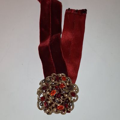 Sale Photo Thumbnail #619: Vintage Filigree Brooch with Red Glass Stones on Velvet Ribbon Choker