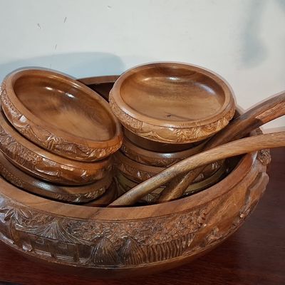 Sale Photo Thumbnail #508: Vintage Hand-Carved Monkey Pod Wood Salad Serving Set with Village Scene