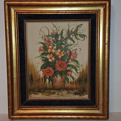 Sale Photo Thumbnail #394: Mid-Century Floral Still Life Oil Painting Signed 'Mares' 8"x11"