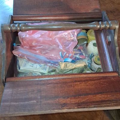 Sale Photo Thumbnail #747: Vintage Wooden Sewing Caddy with Spindle Handle and Double Hinged Lids