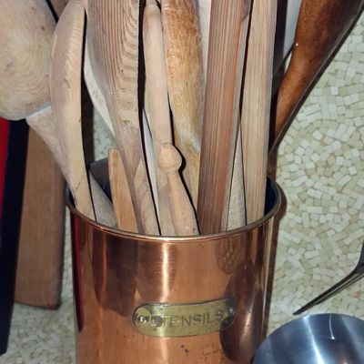 Sale Photo Thumbnail #521: Vintage Copper Utensil Holder with Assorted Wooden Utensils