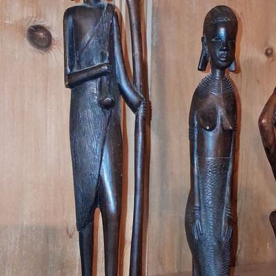 Sale Photo Thumbnail #571: Vintage Maasai Spear Warrior and Woman Carved Wood Figures