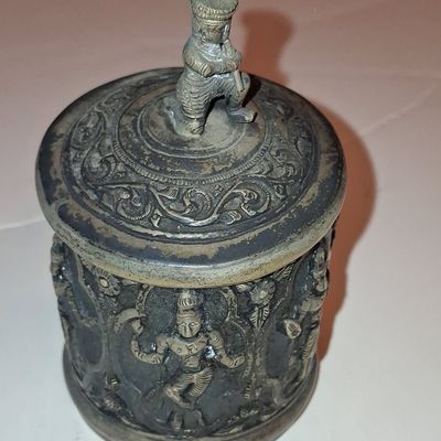 Antique Indian Silver Repoussé Betel Nut Box with Figural Finial