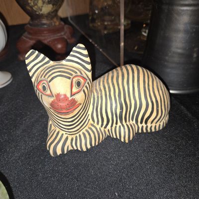 Sale Photo Thumbnail #782: Hand-Carved Wooden Striped Cat Figurine