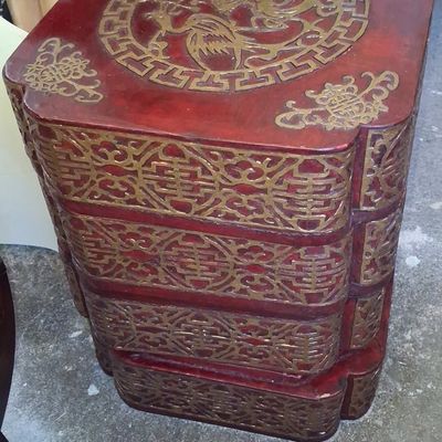 Sale Photo Thumbnail #131: Antique Chinese Red Lacquered Wedding Dowry Stacking Boxes