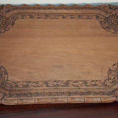 Sale Photo Thumbnail #422: Antique Hand-Carved Walnut Wood Serving Tray with Grapevine Motif