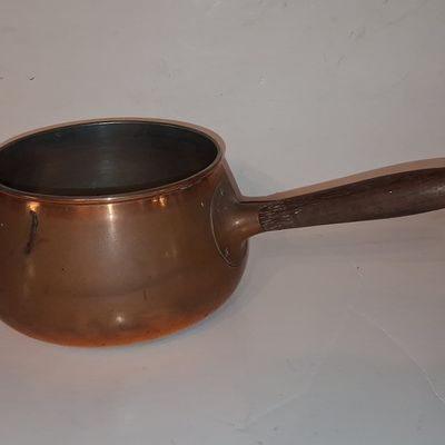 Sale Photo Thumbnail #668: Vintage Copper Saucepan with Wood Handle - Made in Portugal