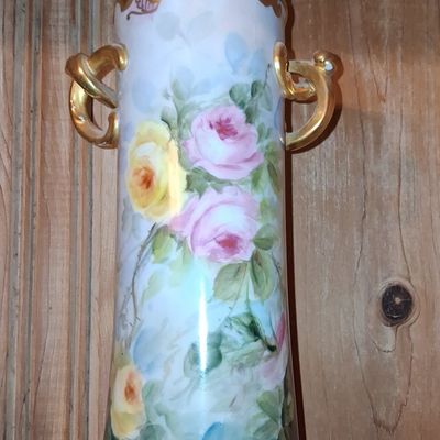 Sale Photo Thumbnail #386: Antique Austrian Porcelain Hand-Painted Rose Vase with Gilded Handles  13" tall