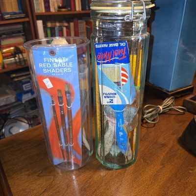 Sale Photo Thumbnail #700: Vintage Artist Brush Collection in Glass Storage Jars