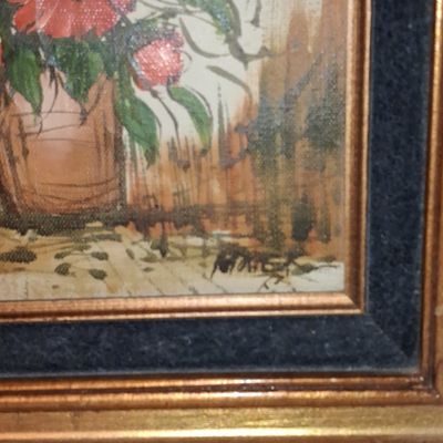 Sale Photo Thumbnail #393: Mid-Century Floral Still Life Oil Painting Signed 'Mares' 8"x11"