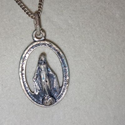 Sale Photo Thumbnail #449: Antique French Miraculous Medal Necklace, 1930s Silver Religious Pendant