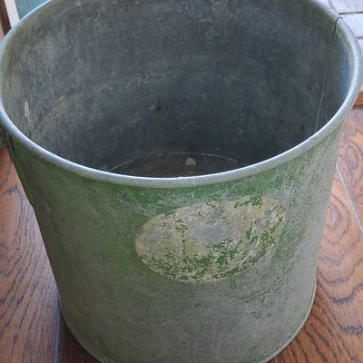 Sale Photo Thumbnail #809: Vintage Galvanized Steel Utility Bucket with Green Paint Remnants