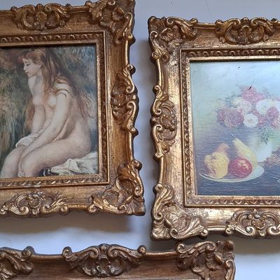Sale Photo Thumbnail #826: Collection of Seven Miniature Decorative Art Prints in Ornate Gilt Frames