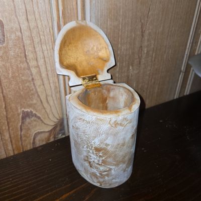 Sale Photo Thumbnail #866: Vintage Hand Carved Soft Wood Wooden Cylinder Jar with Lid