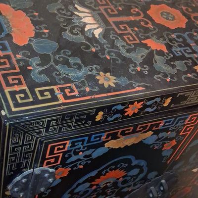 Vintage Chinese Export Black Lacquer Cabinet with Polychrome Floral Motifs