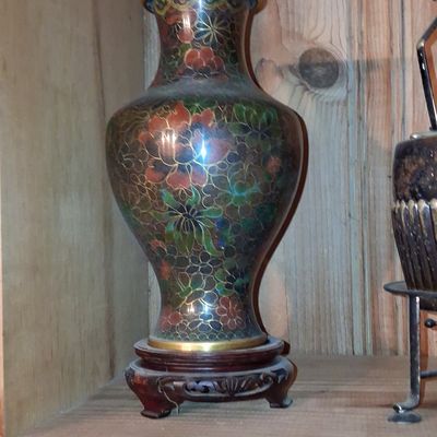 Sale Photo Thumbnail #440: Jingfa Cloisonné Floral Vase with Wood Stand
