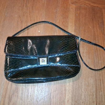 Sale Photo Thumbnail #810: Vintage Black Snakeskin Embossed Leather Evening Bag