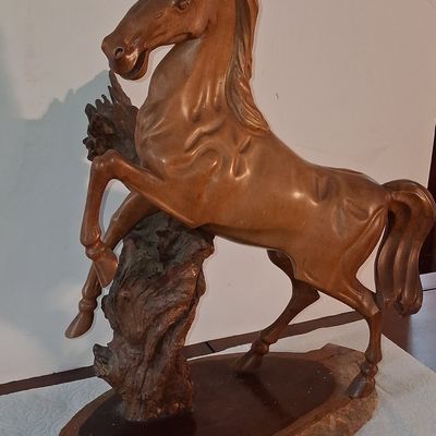 Sale Photo Thumbnail #392: Hand-Carved Rearing Horse Sculpture 19"x17"