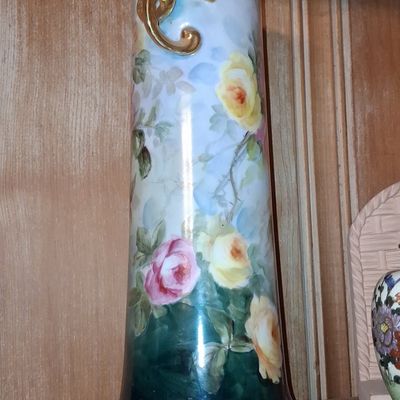 Sale Photo Thumbnail #383: Antique Austrian Porcelain Hand-Painted Rose Vase with Gilded Handles  13" tall