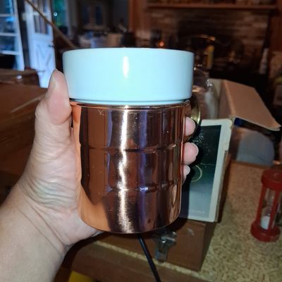 Sale Photo Thumbnail #789: Vintage Baker Hart & Stuart 4-Piece Copper and Ceramic Coffee Mug Set