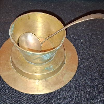 Sale Photo Thumbnail #676: Vintage Brass Mustard Pot with Spoon