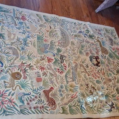 Sale Photo Thumbnail #155: Vintage Hand-Embroidered Wool Rug: Jungle Animals and Floral Tapestry 47"x71"