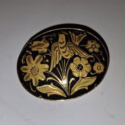 Sale Photo Thumbnail #736: Vintage Damascene Bird and Floral Brooch, Toledo Ware Style