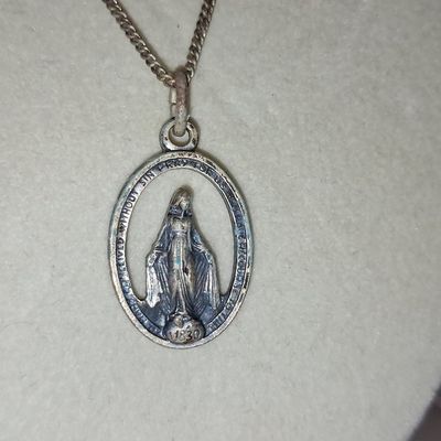 Sale Photo Thumbnail #450: Antique French Miraculous Medal Necklace, 1930s Silver Religious Pendant