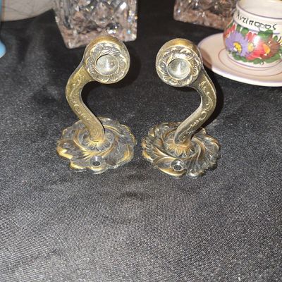 Sale Photo Thumbnail #628: Pair of Vintage Ornate Brass Curtain Tiebacks with Floral Rosette Base