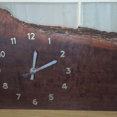 Sale Photo Thumbnail #211: Mid-Century Modern Live Edge Wood Mantel Clock with Kienzle Movement