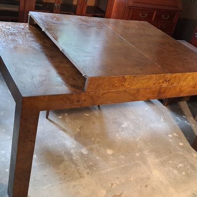 Sale Photo Thumbnail #47: Milo Baughman Style Burl Wood Parsons Dining Table 3'3"x9'2"