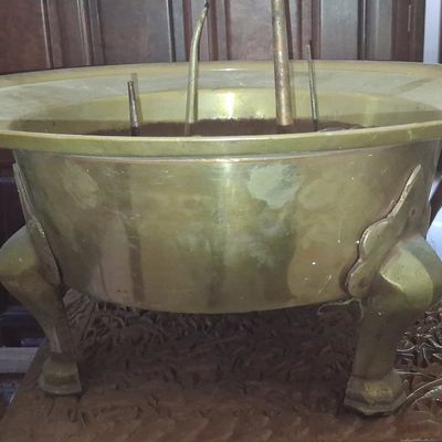 Sale Photo Thumbnail #388: Vintage Brass Jardiniere with Vintage Oil Cans