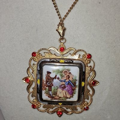 Sale Photo Thumbnail #932: Vintage Fragonard Style Courting Couple Porcelain Pendant Necklace