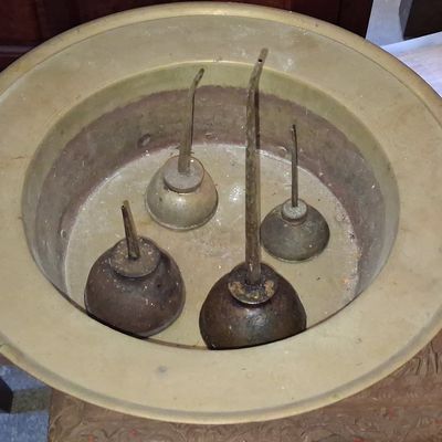 Sale Photo Thumbnail #387: Vintage Brass Jardiniere with Vintage Oil Cans