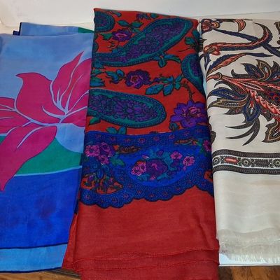 Sale Photo Thumbnail #615: Collection of Three Vintage Silk Scarves: Bold Floral, Paisley, and Botanical Prints