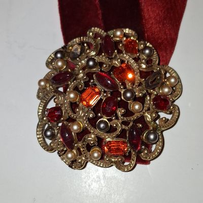 Sale Photo Thumbnail #621: Vintage Filigree Brooch with Red Glass Stones on Velvet Ribbon Choker