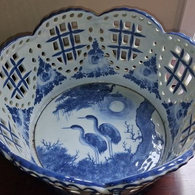 Sale Photo Thumbnail #590: Hand Painted Blue and White Reticulated Fruit Bowl with Crane Motif