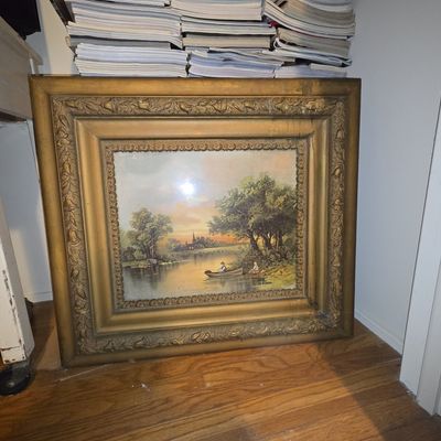 Sale Photo Thumbnail #655: Vintage Landscape Oil Painting with River and Boat Scene in Ornate Gilt Frame