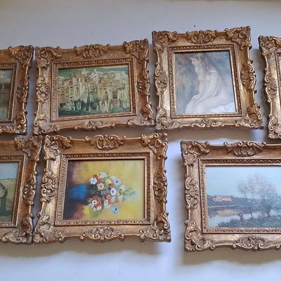 Sale Photo Thumbnail #823: Collection of Seven Miniature Decorative Art Prints in Ornate Gilt Frames