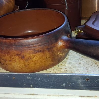 Sale Photo Thumbnail #945: Vintage French Terracotta Saucepan with Wood Handle